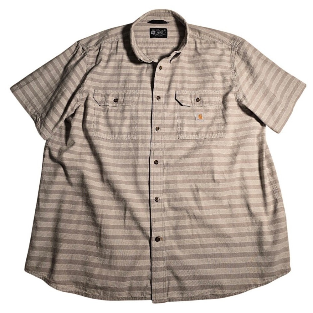 Carhartt Men 2XL Loose Fit Striped Short Sleeve Button Down Shirt Tan  806